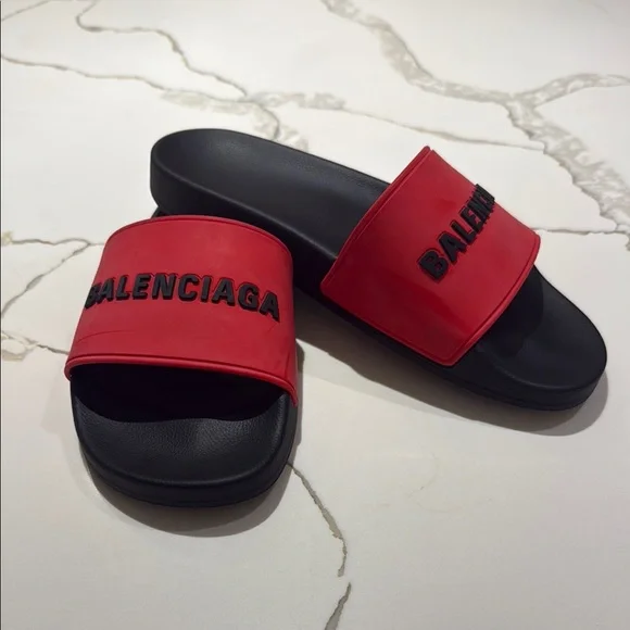 Balenciaga | Shoes | Balenciaga Red And Black Logo Slides  display picture 3